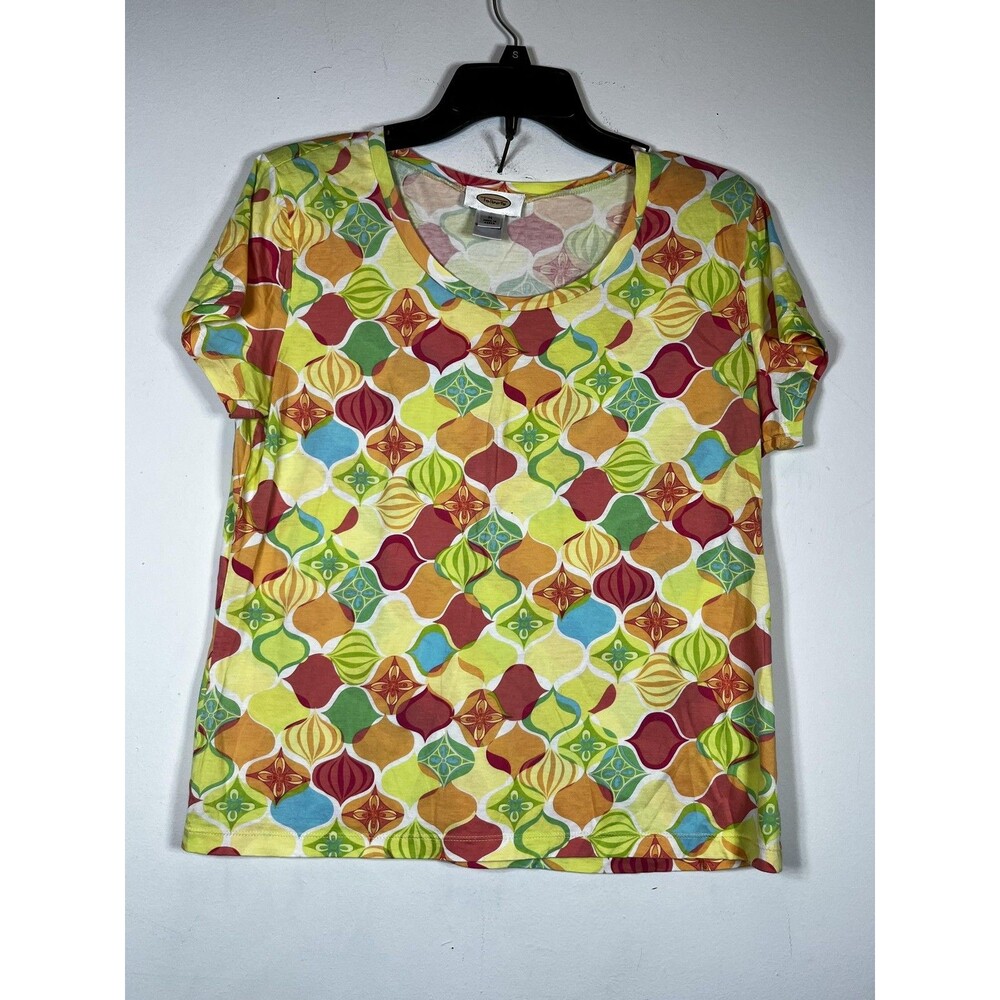 Talbots Shirt Womens Medium Multicolor Geometric Pima Cotton Scoop Neck Tee Top
